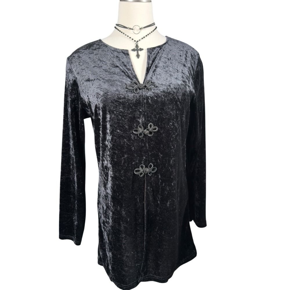 Vintage Forenza Crushed Velvet Tunic Top Black Frog Closure Goth Witchy XL